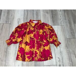 First Love hot pink and mustard floral blouse size S